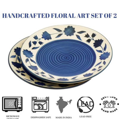 Freakway Floral 'Blue and White Plate Pair' Floral Handpainted Quarter Plates in Ceramic 7 Inches, Set of 2, Dishwasher & Microwave Safe