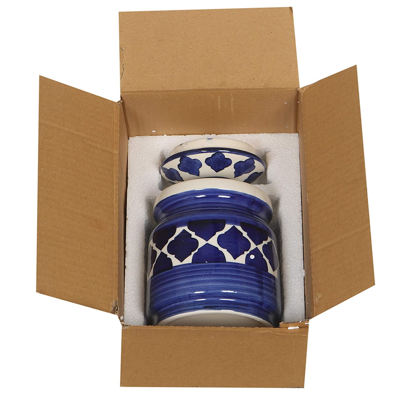 RAJ ROYAL Ceramic Food Storage Container with Lid - Storage Canister,Color - Blue, Cornichon Jar - Size: Size: L:4.9" x B:4.9" xH: 5.3", Capacity-1.25 Kilogram