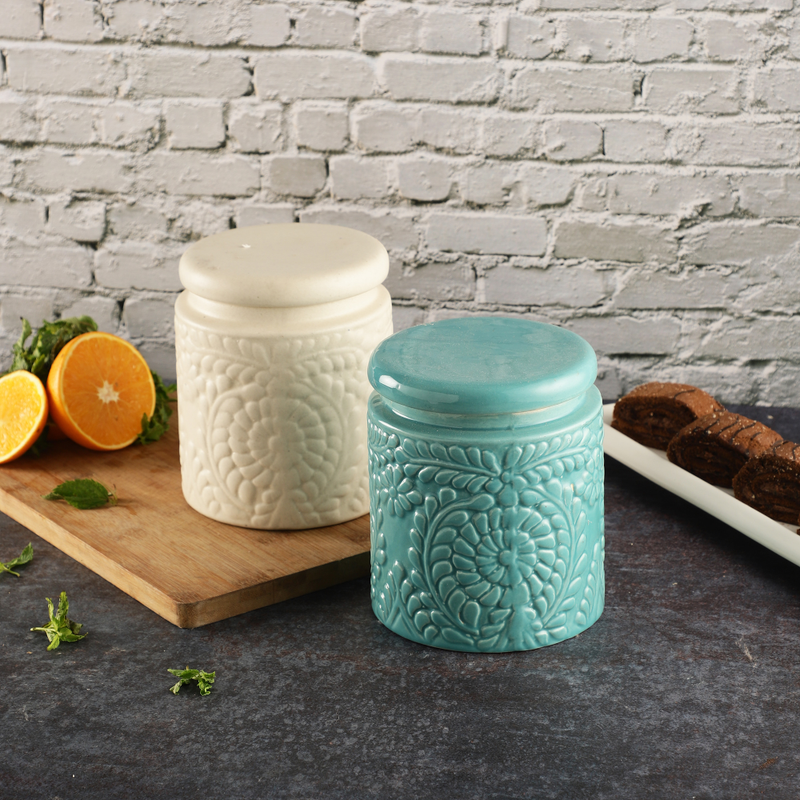 The Decor Lane Ceramic Handcrafted Handpainted Multi Utility Storage Jar with Lid 1000 ml | Ceramic Kitchen Canister | Cookie Jar | Pickle Storage Jar | Burni ( Pack of 2