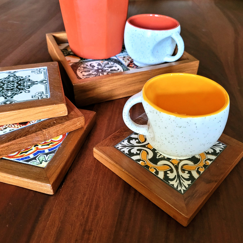 Antique Tray Coasters Serving Set (1 tray, 2 coasters) with Ceramic Tiles and Teakwood 
