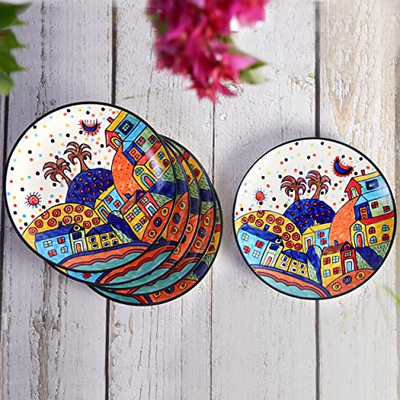 Freakway Hut-Handpainted Plates Pair Handpainted Ceramic Dinner Plates Dinnerware Serving Plate Thali Ceramic Plates for Dinner (10 Inch, 6 Pieces, Microwave & Dishwasher Safe)-Multicolor