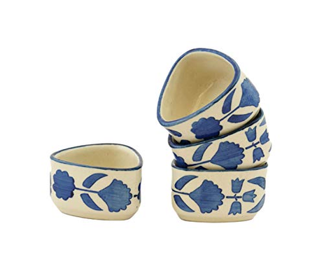 Freakway Handpainted Floral Studio Pottery Ceramic Chutney Bowl Set (40 ML, Small, Set of 4, Blackand Off White)